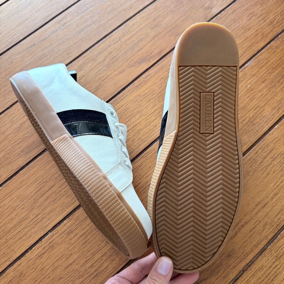 NWOB Lauren Ralph Lauren Janson II White Leather Sneakers Black Stripe US 8
